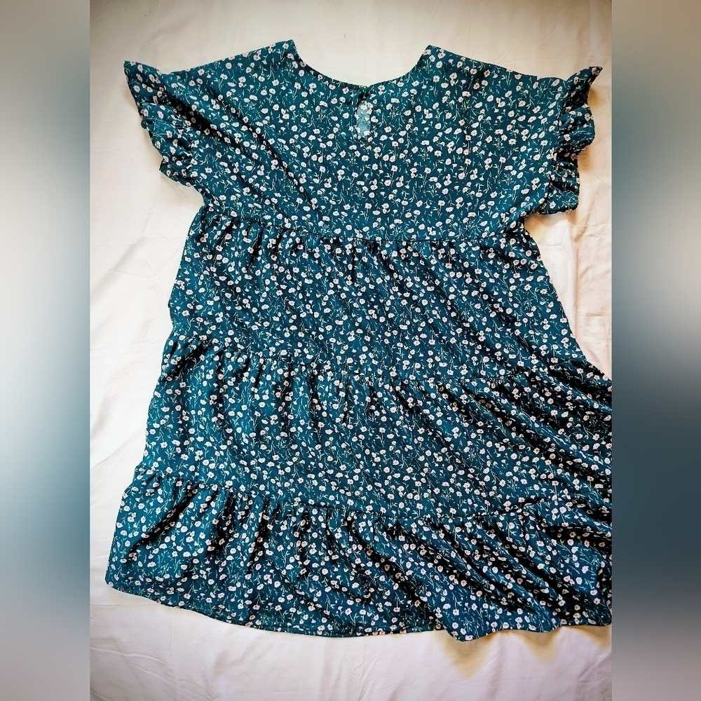 Unbranded Womens Teal Blue & White Floral Short Trapeze Dress Size Small - Picture 11 of 12